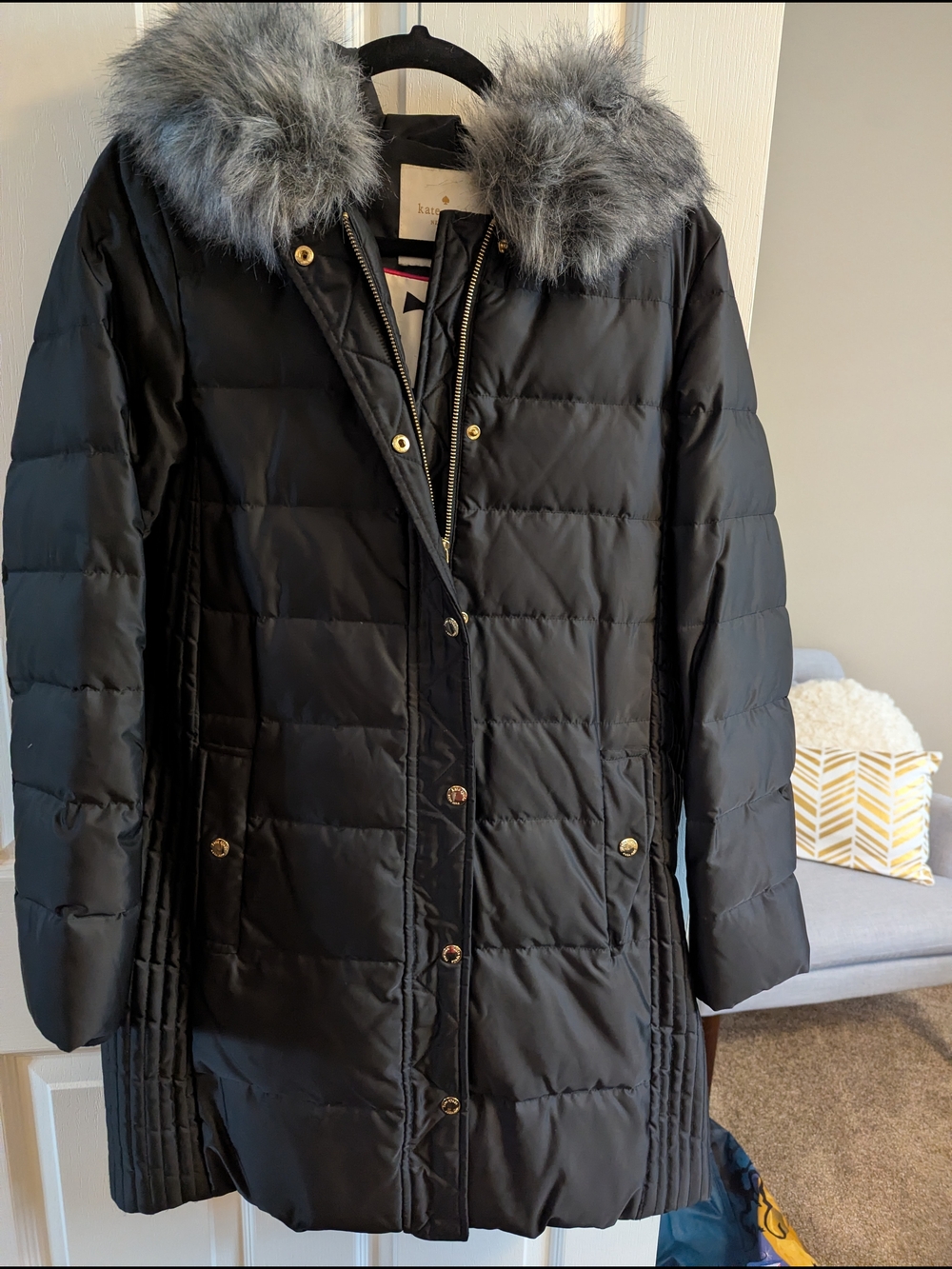 kate spade Black Quilted Puffer Coat with Gray Faux Fur Hood Trim